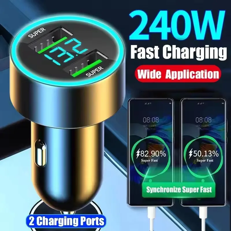 240W USB Car Charger 2 Port Super Fast Charging Digital Display Power Adapter in Car for iPhone Samsung Xiaomi Mobile Phone