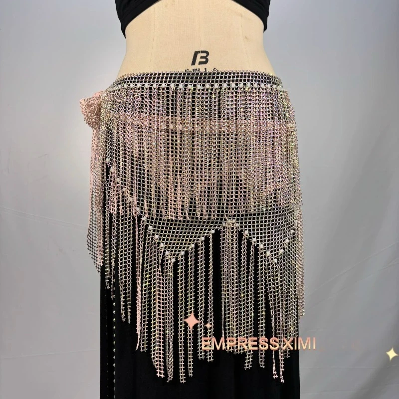 Aangepaste nieuwe buikdanskostuums mesh diamant taille ketting taille sjaal volledige diamant kwastje heupsjaal cloud exotische danskleding