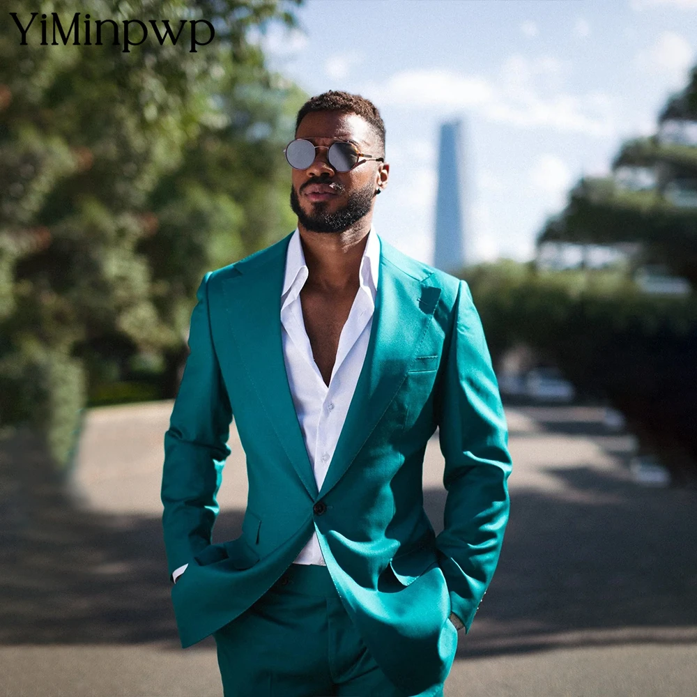 YiMinpwp Teal Men's Suit with Notch Lapel Evening Event Satin 2 Pcs Single - Breasted Slim Fit Tailoring Wedding Dresses
