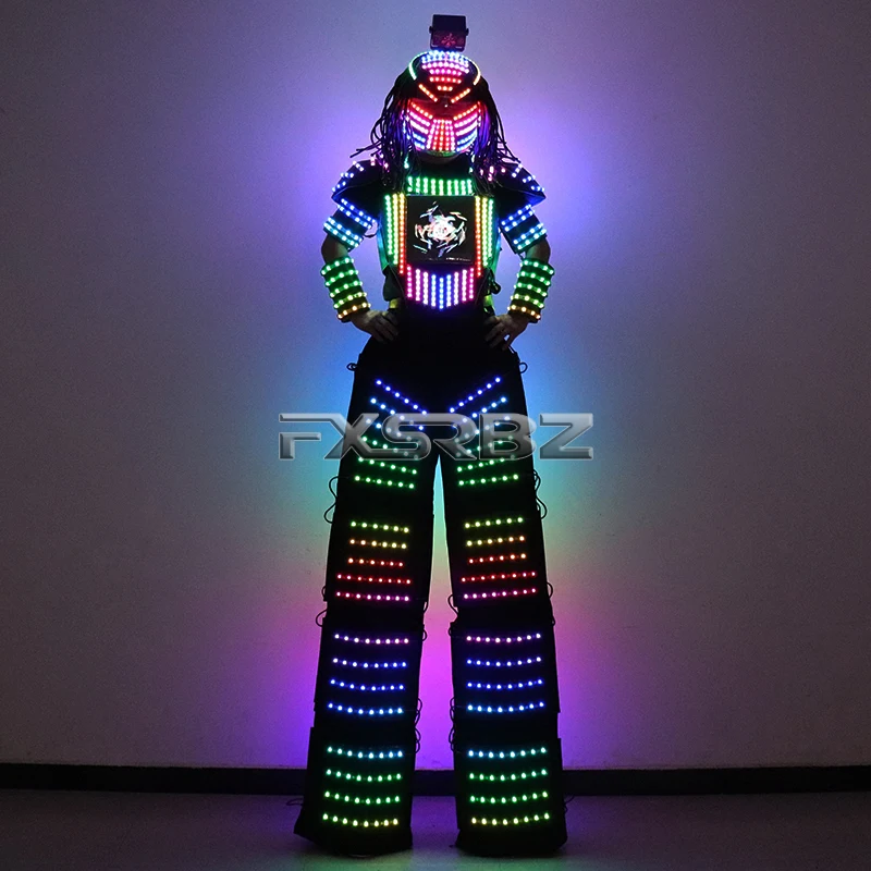 Setelan Robot LED piksel penuh warna, kostum Traje LED, baju Stilts, jaket bercahaya, sarung tangan Laser, helm ringan