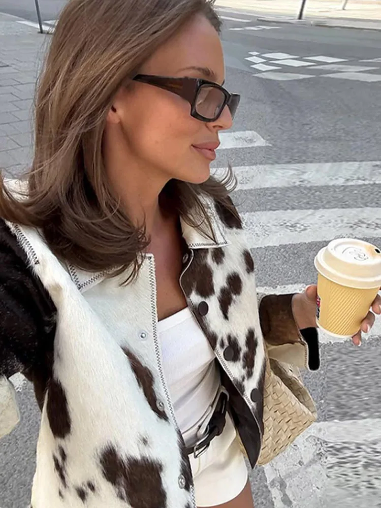 HH Women's Autumn Vintage Cow Pattern Print Jacket Female High Street Casual Covered Button Lapel Long Sleeve Woolen Jacket