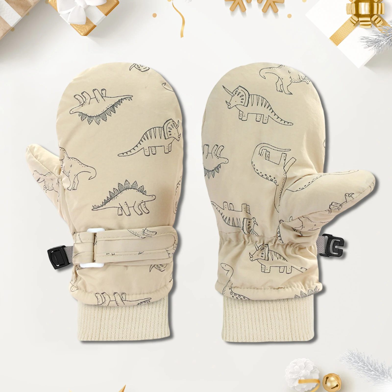Children Waterproof Skiing Fleece Lined Mittens Dinosaur Patterned Winter Gloves Kids Outdoor Cold Weather Accessories