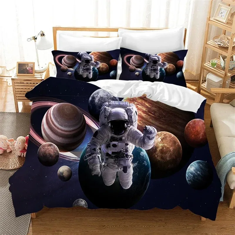 Cartoon Astronaut Duvet Cover King For Boys Girl Galaxy Space Bedding Set Microfiber Rocket Ship Space Adventure Comforter Cover