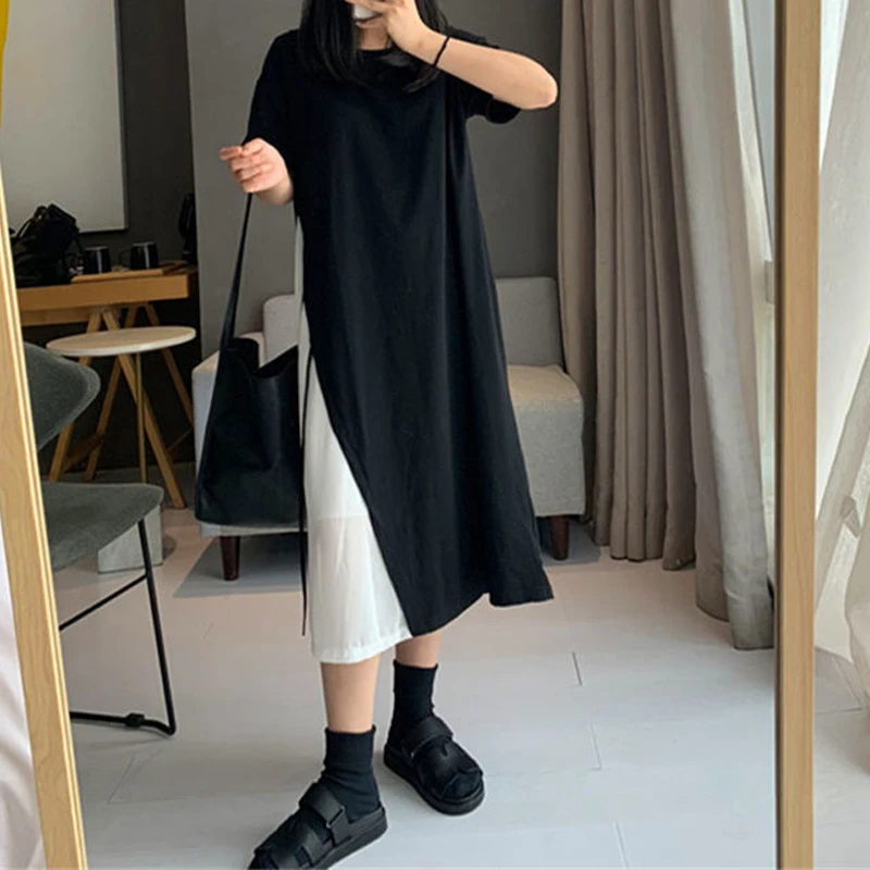 Vestido falso de retalhas de duas peças, gola redonda, manga curta, assimétrico, bandagem, saia linha A, cor de contraste, moda elegante, verão