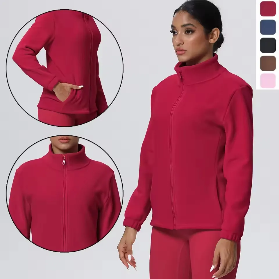 

1 шт., одежда для йоги, зимняя одежда для велоспорта и катания на лыжах, сохраняющая тепло, куртка на молнии с длинными рукавами и карманами, однотонная бархатная куртка с высоким воротником