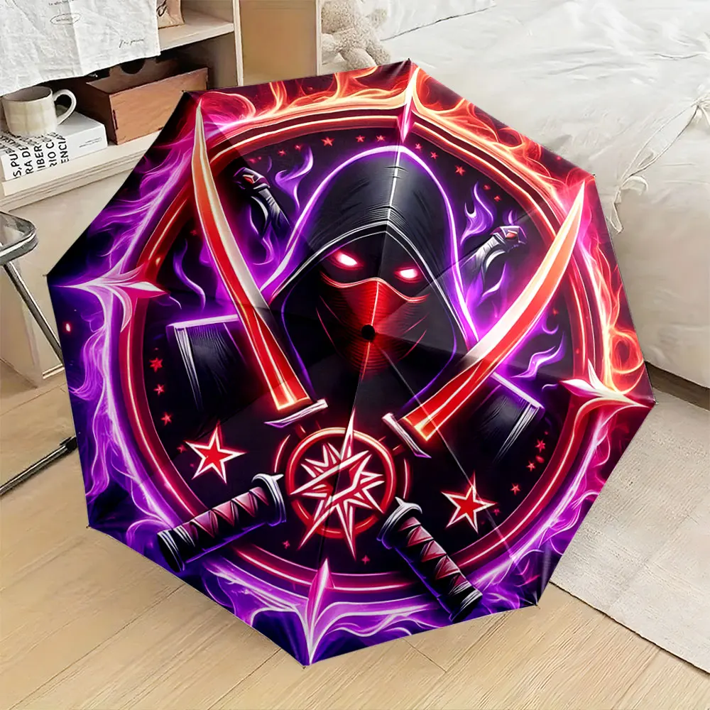 1PC Mystical Sword-Wielding Hooded Figure Umbrella Design Print 8 Iron Ribs Folding Umbrella Auto-Open Fashion Sunshade