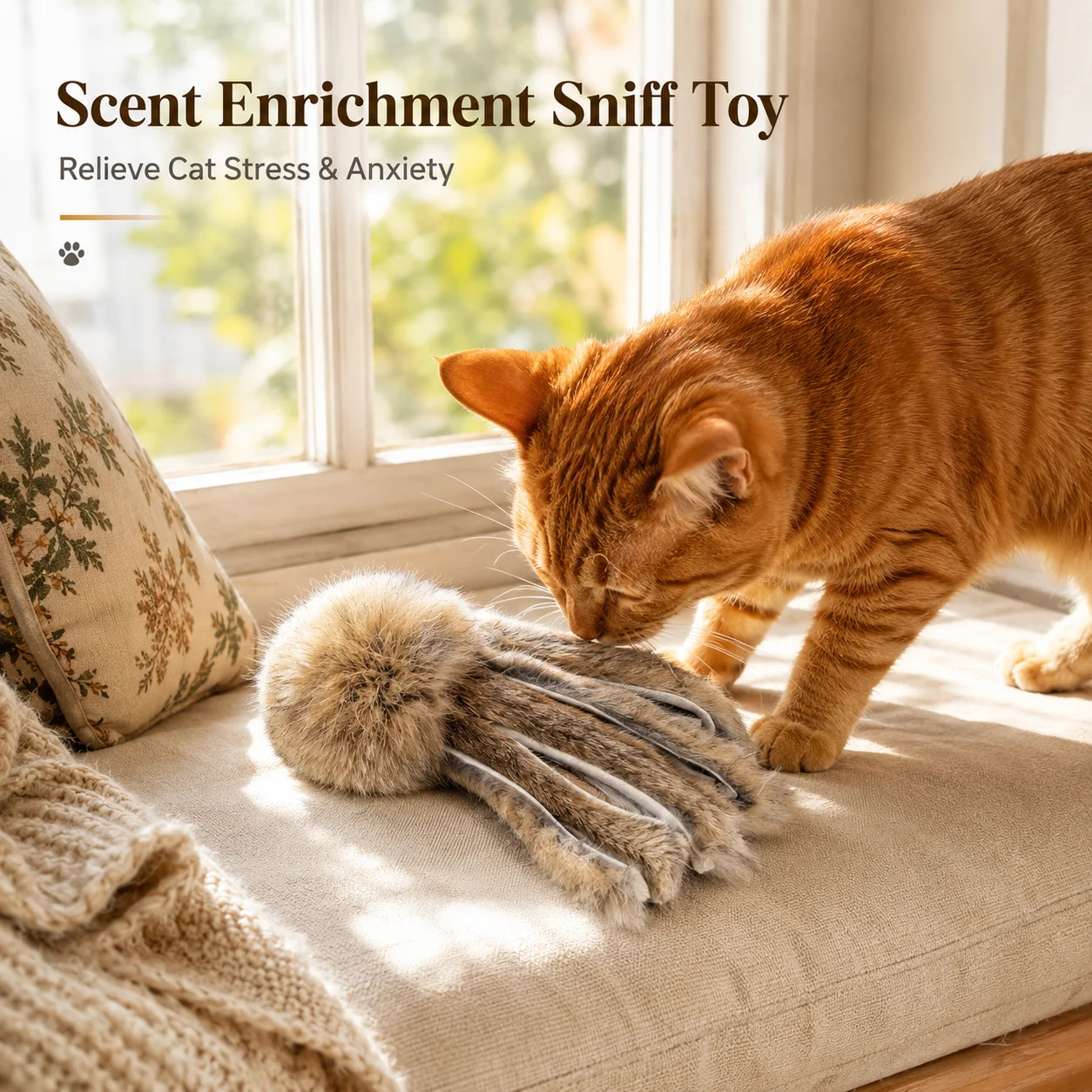 Natural Rabbit Fur Octopus Cat Toy Scent Enrichment Sniff Toy Self Play Teaser Replacement Head Stress Relief for Indoor Cats