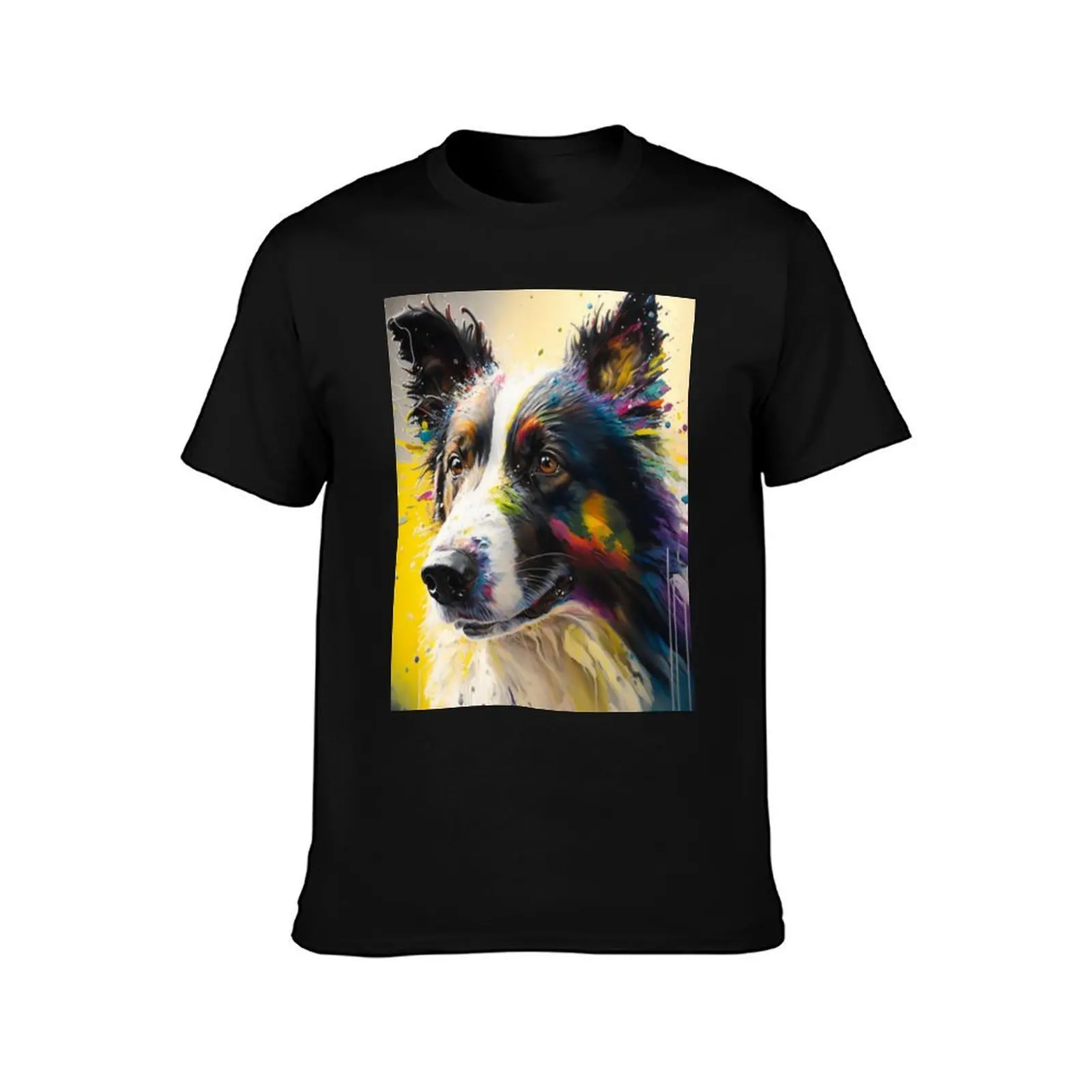 Border Collie Synesthetic Splash Painting Art T-Shirt, Summer Casual Cotton Tee, Oversized Streetwear Tops, Unisex Men Women