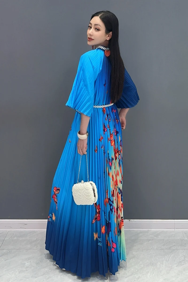 Vefadisa 2024 Summer New Blue Women Dress A-line Printed Dress With Large Hem Pleated Flare Sleeve Long Dress Elegant HLX416