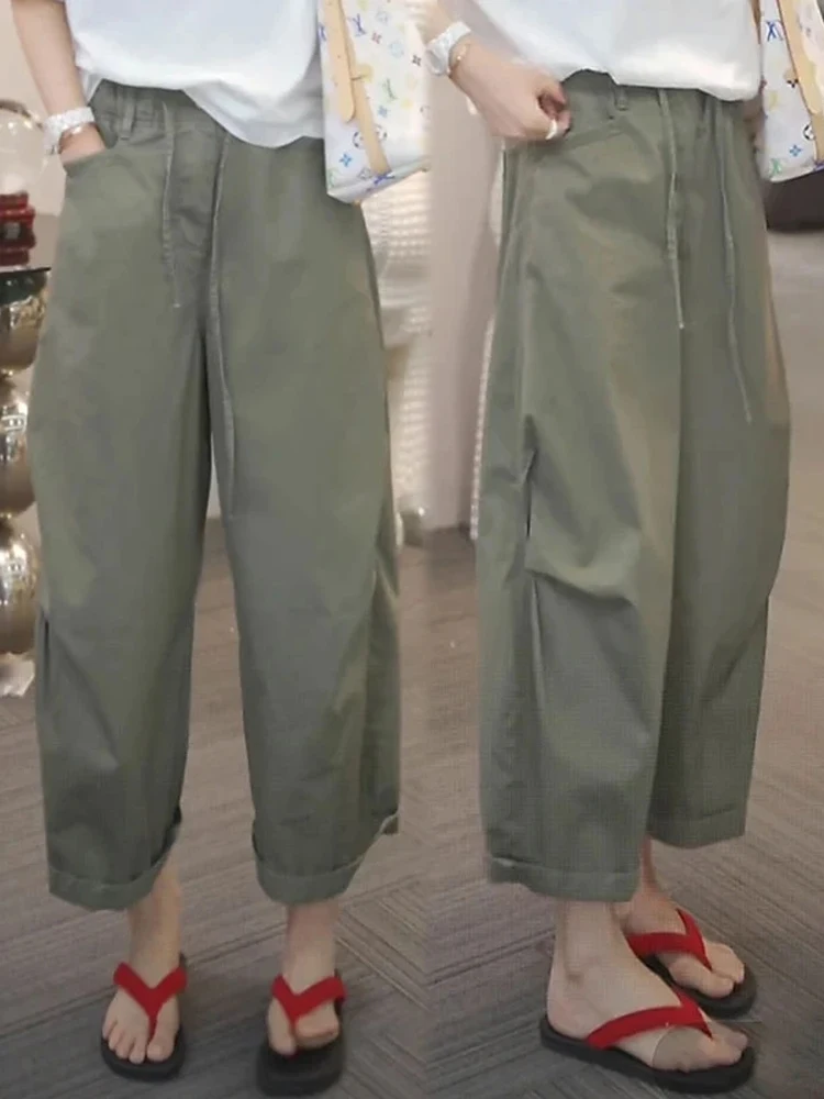 Green Straight Leg Elastic Waist Drawstring Casual Pants Women's Loose Hiding Hip Slimming Workwear Wide Leg Trousers