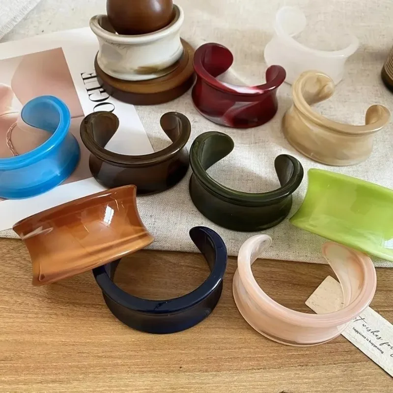 Gradient Irregular Concave Resin Bangles Chunky Wide Opening Geometric Color Bracelets for Women