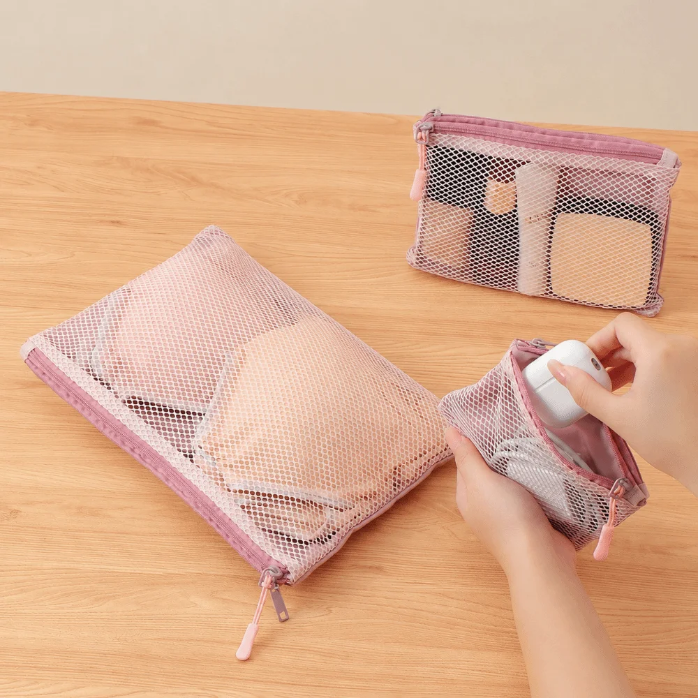 Multi-purpose Double Zipper Mesh Organizer Pouch Polyester Multi-size Makeup Bag Dual-Layer Cosmetics Pouch Travel