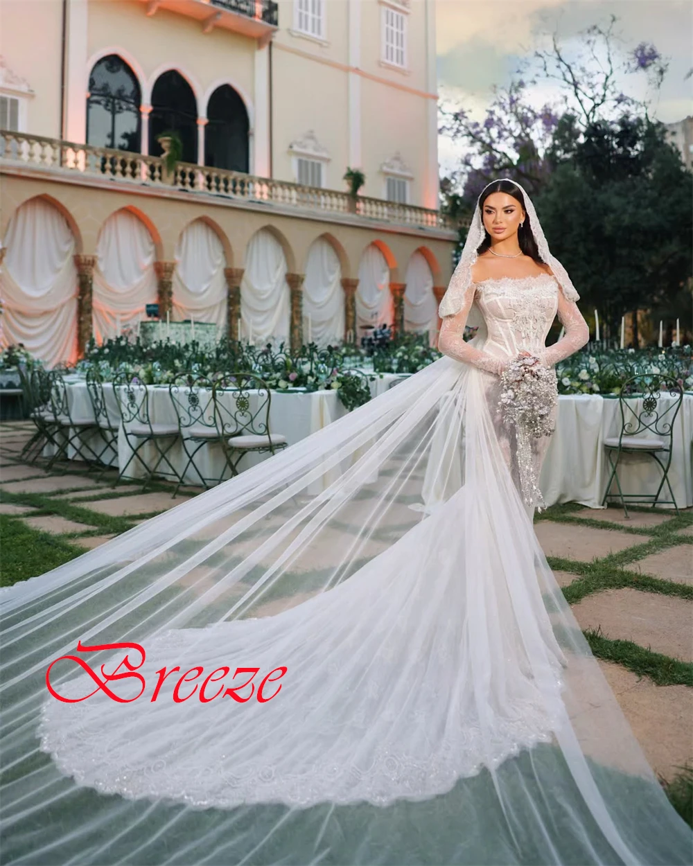 

Customized See Through White Lace Wedding Dresses Simple Strapless Crystal Long Sleeves Bridal Gowns Backless Mermaid Dress