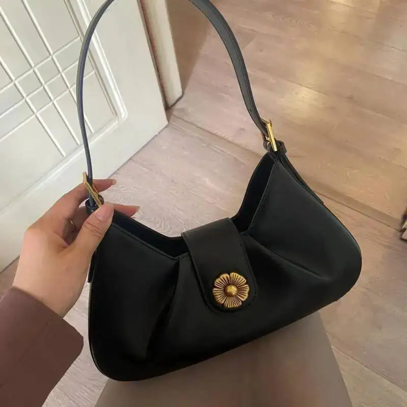 Retro Floral Handbag Women Leather Wrinkled Crescent Underarm Ladies Fashion Minimalist Commute Versatile Baguette Bag 2025