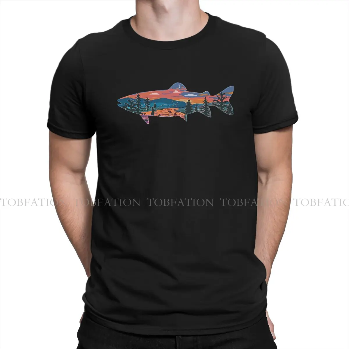 Trout Silhouette Fly Fishing Mountain Sunse Fisherman Fishing Men T Shirt Cotton Graphic O-Neck TShirt Harajuku Clothes