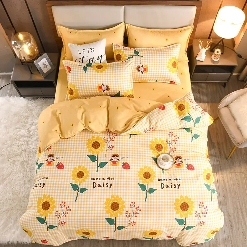 Sunflower Duvet Cover Stylish Pastoral Floral Comforter Cover Cartoon Strawberry Bedding Set with 1 Flat Sheet + 1/2 Pillowcase