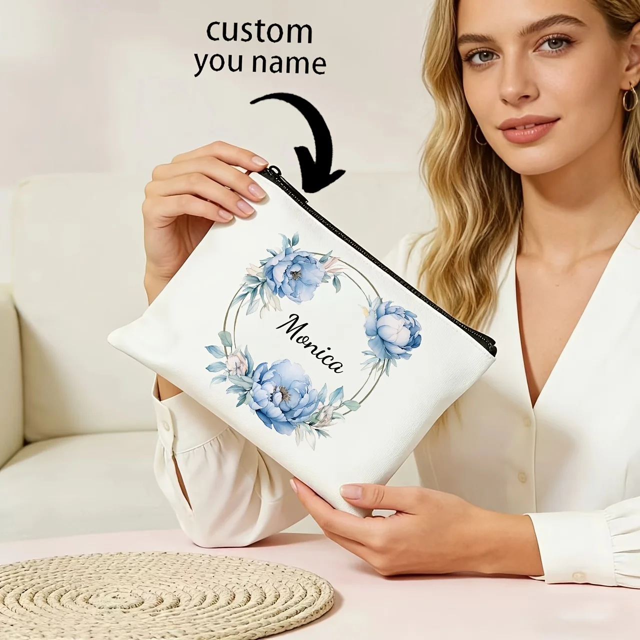 Personalized Custom Blue Peony Makeup Bag, Women'S Portable Storage Bag, Travel Business Toiletry Bag, Name Engraving Gift Bag