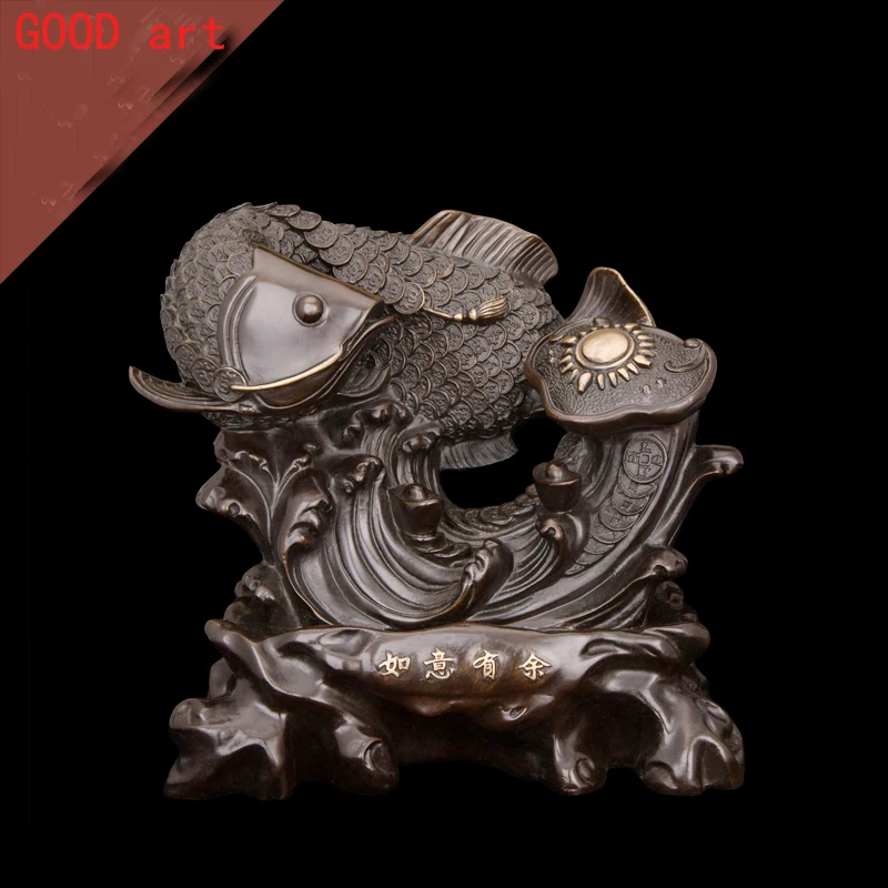 Large TOP COOL HOME OFFICE company SHOP Talisman Money Drawing Auspicious Arowana Golden Fish RUYI FENG SHUI bronze art statue