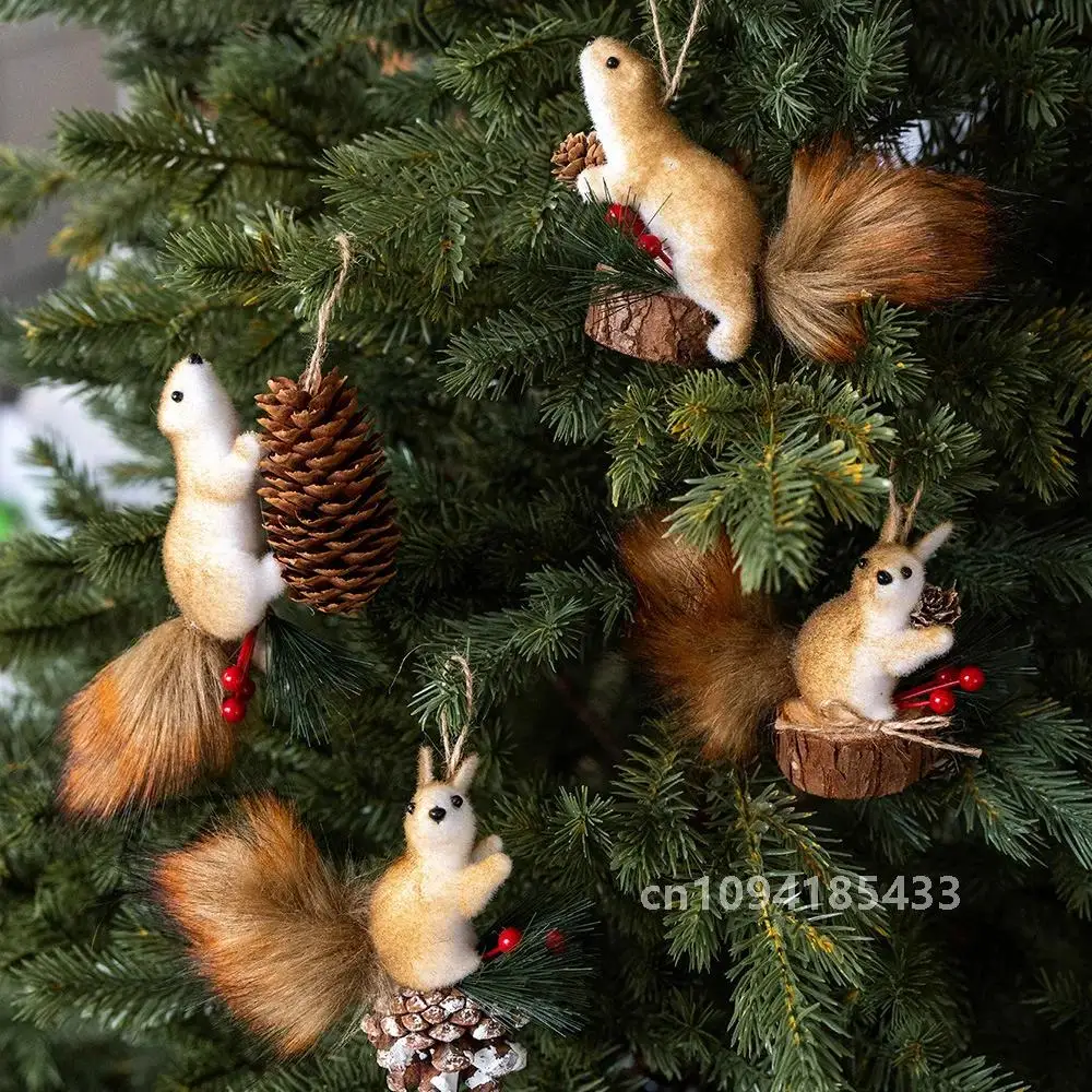 2PCS Christmas Decorations Squirrel Pendant Simulation Cute Squirrel Christmas Tree Creative Doll Doll Small Pendant 2025 Gifts