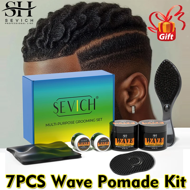7 sztuk / zestaw Prezenty z grzebieniem i jedwabistym Durag 360 Deep Waves Control Hair Oil Sport Strong Hold Falisty żel do włosów dla mężczyzn