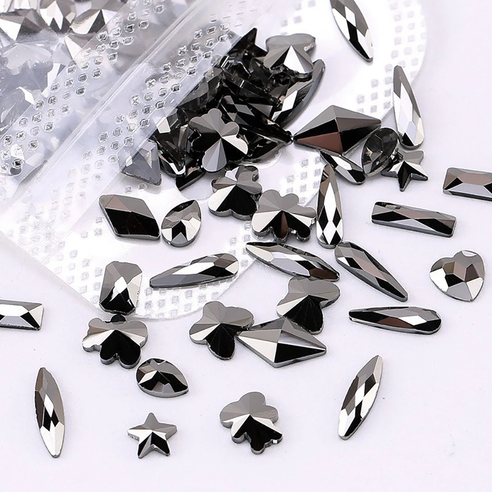 20pcs Hematite Flatback Nail Diamond Multiple Shapes Strass for 3D Nails Art Decorations Supplies Jewelry Accessories