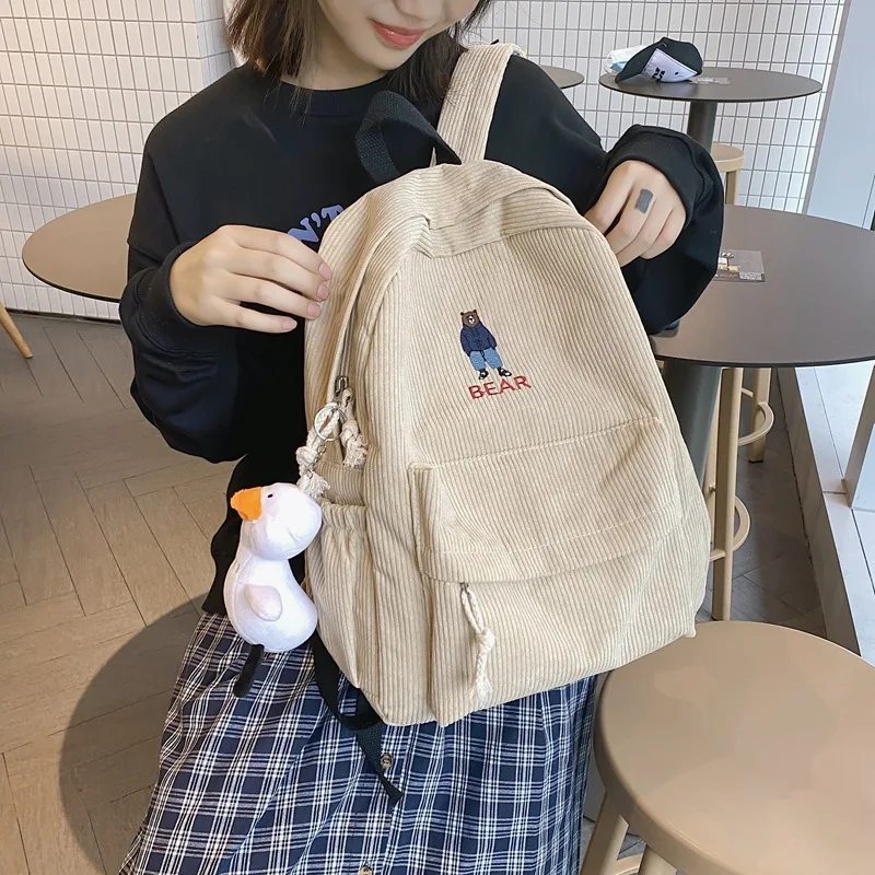 Mochila de pana para estudiante femenino, bolsa versátil de gran capacidad para viajes de escuela secundaria, bonita