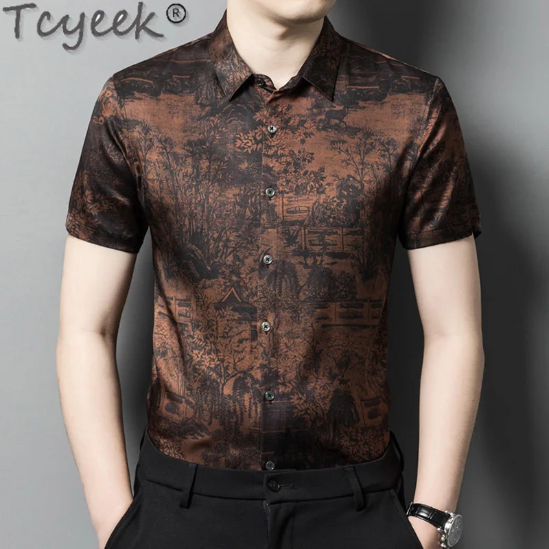 

Tcyeek 90.8% Mulberry Real Silk Shirt Men Summer Clothes Short Sleeve Shirt Business Casual Mens Shirts Thin Style Chemise Homme