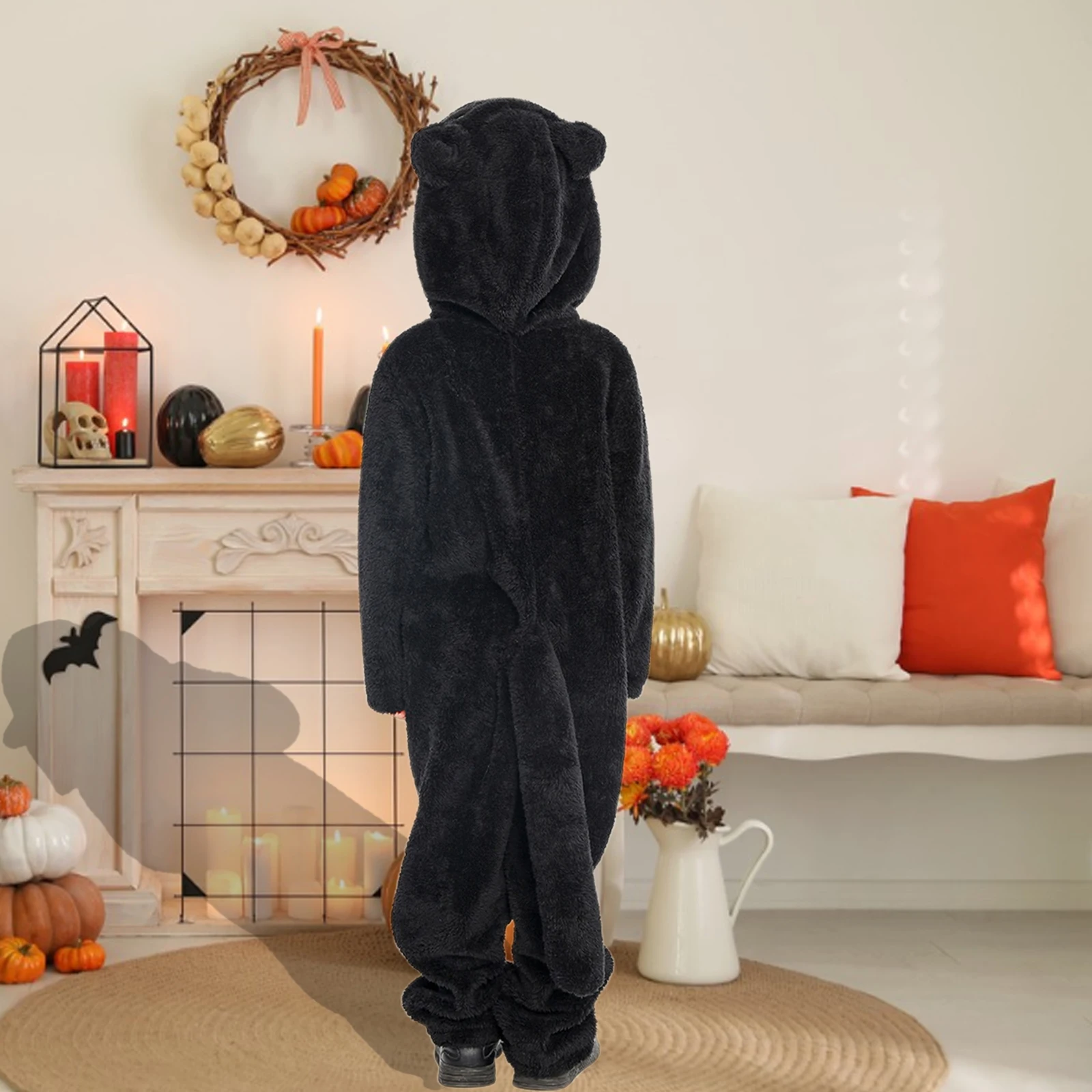Kids Black Cat Cosplay Costume Plush Long Sleeve Zipper Closure Hood Jumpsuit with Long Tail for Boys Girls view 2