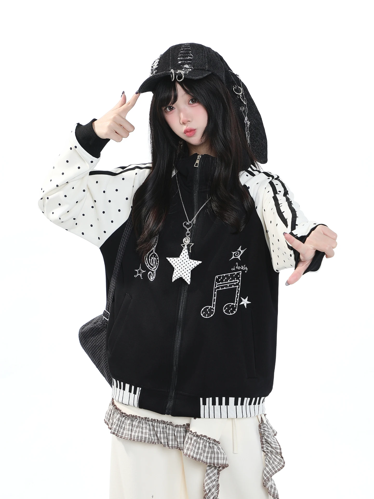 Korean Style Note Embroidery Polka Dot Zipper Sweatshirt Women's Loose Casual Stand Collar Jacket Autumn College Style Girl F...