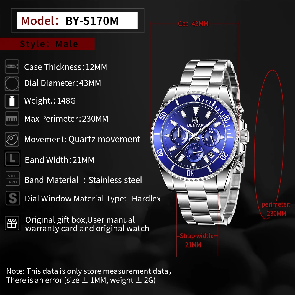 2022 BENYAR NEW Sports Men Quartz Watch Fashion Chronograph Luxury Brand Stainless Clock Swimming Waterproof Clock Reloj Hombre