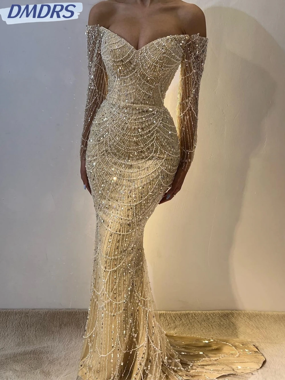 

Sparkly Sequins Pearls Cocktail Dresses Graceful Off The Shoulder Evening Dress Luxury Mermaid Long Prom Gown Robe De Mariée