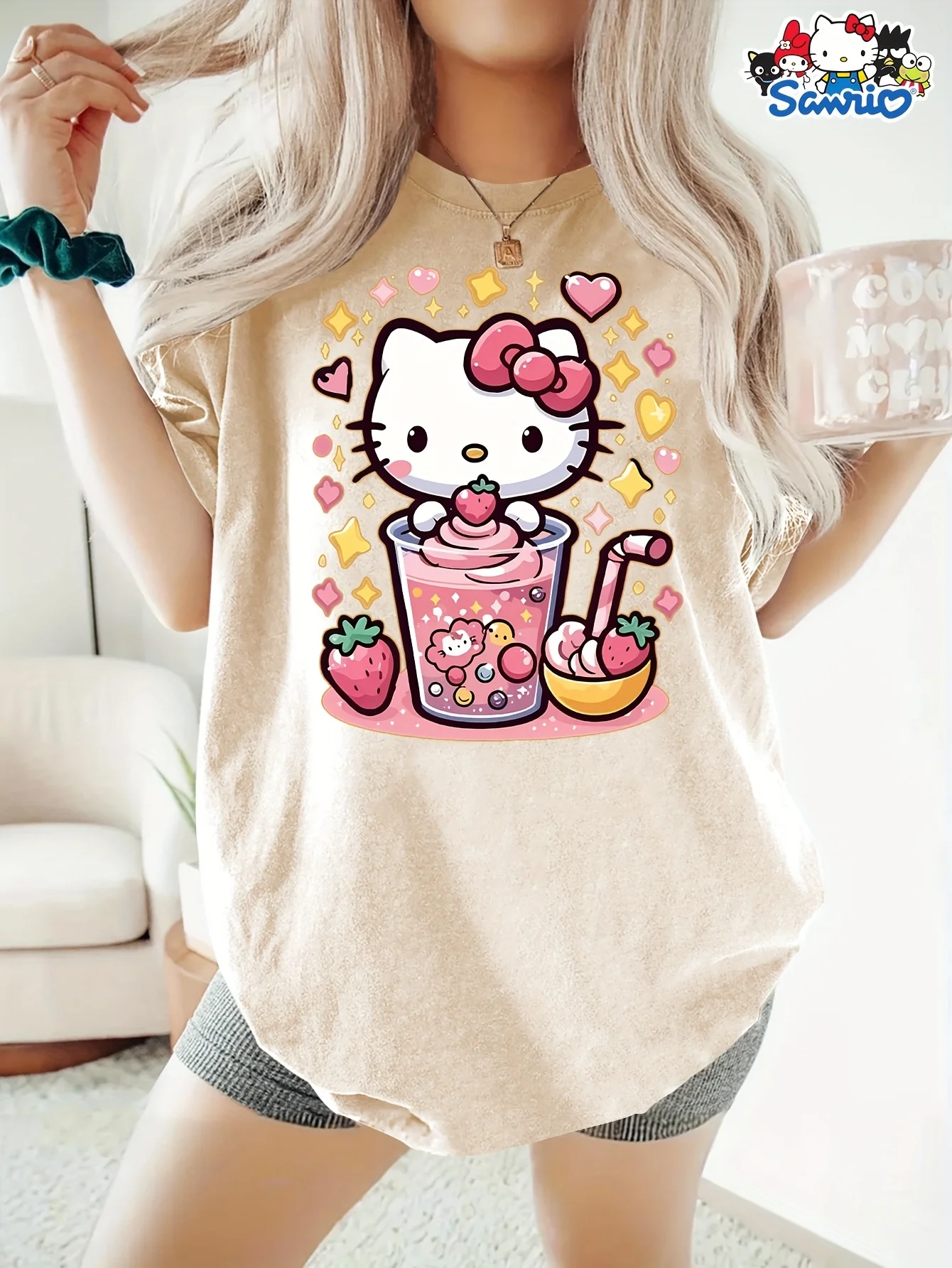 

Sanrio Official Hello Kitty Pattern T-shirt Short Sleeve Round Neck Strawberry Spring/Summer Autumn/Winter Casual and Sports