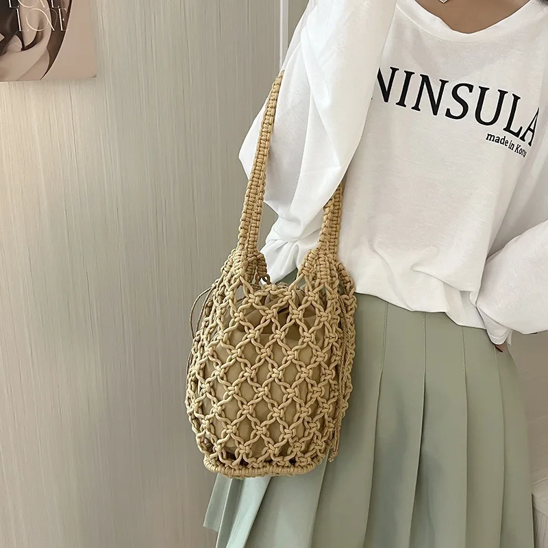 Sommer Strand Tasche Für Frauen Mesh Seil Gestrickte Eimer Schulter Taschen Reticulate Hohl Reise Shopper Totes Damen Mode Handtasche – Detail 9