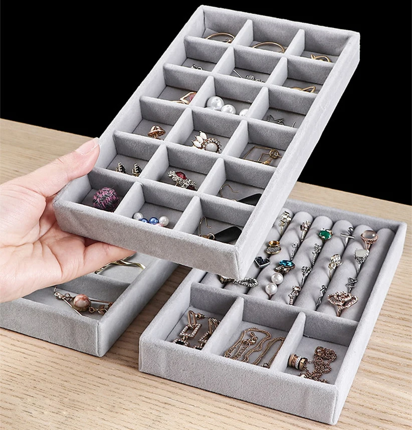 Soft Velvet Jewelry Tray Case Jewelry Display Storage Box Ring Ear Studs Earrings Necklace Bracelet Organizer Drawer Holder