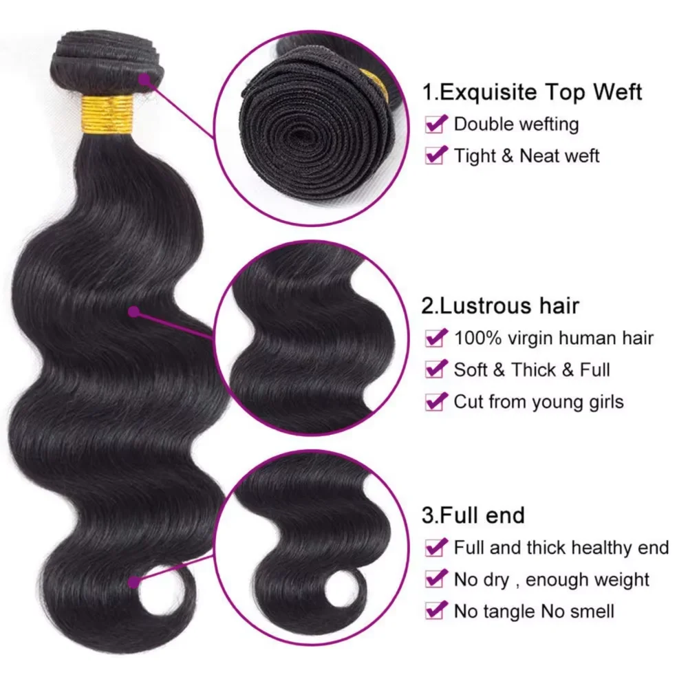 Body Wave Human Hair 3 Bundles Deals Brazilian Unprocessed Natural Bundles Human Hair Extensions Natural Black Body Wave Bundles