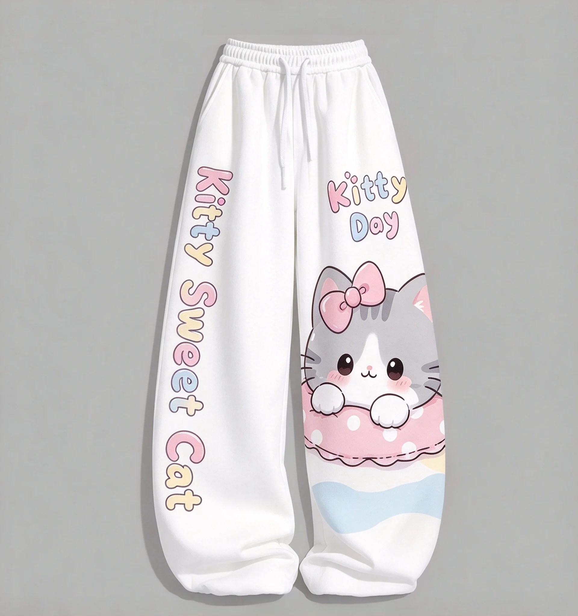 Cute Kitty Sweet Cat Print Women Wide Leg Pants Loose Drawstring Trousers Kawaii Girls Casual Sport Pants Streetwear Loungewear