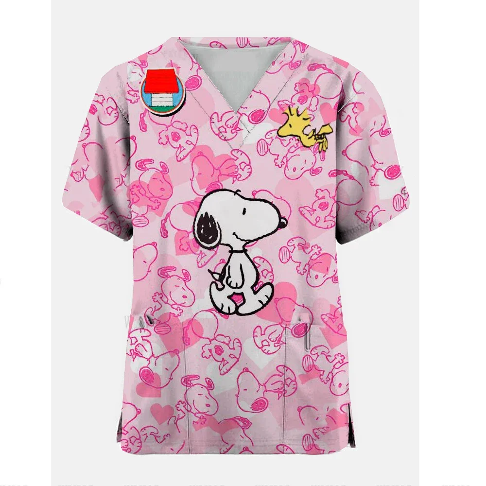 

Cartoon Nursing Scrubs Tops Nurse Uniform Snoopy Print T-shirt PEANUTS Man Women Fashion V-neck Pocket Medical Workwear Y2k Top