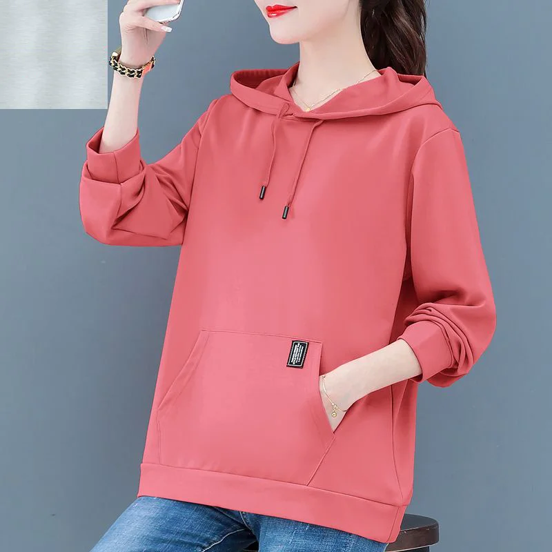 Female Casual Solid Hoodies Autumn Winter Pocket Loose-fitting Long Sleeve Drawstring Cloth Decoration Pullover Sweatshirts