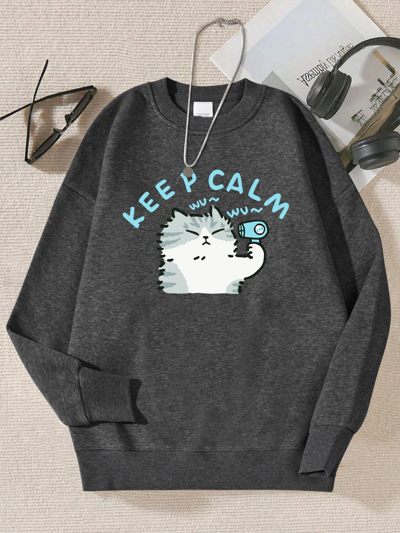 

Stay Calm Cat Hair Dryer Prints Women Sweatshirt Casual Harajuku Pullovers Vintage Oversized Clothes Fleece All-Match Top