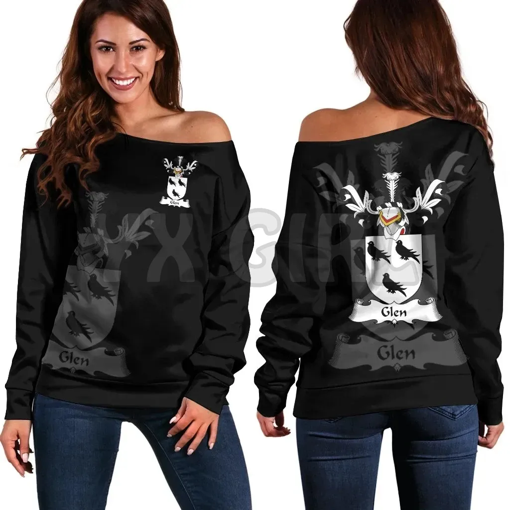 

YX GIRL Glen Family Crest Women's Off Shoulder Sweater 3D Printed Novelty Women Casual Long Sleeve Sweater Pullover