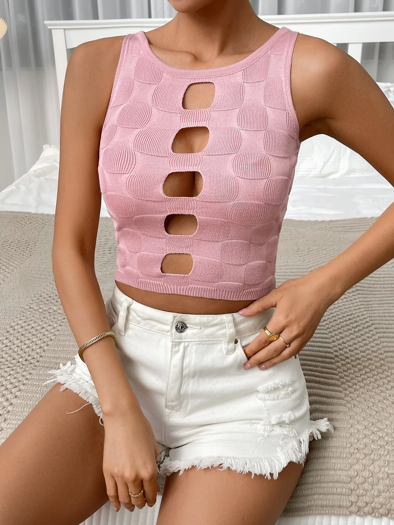 Sexy Hollow Out Knitted Tank Top Women Bare Midriff Halter Crop Tops Off Shoulder Cropped Vest Camisole Female