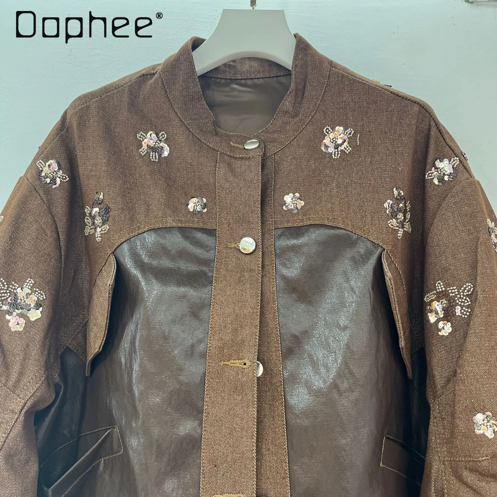 

Korean Elegant Beaded Color-Block Denim Jacket for Women High-End Vintage Sequins Floral Turn-Down Collar Loose Casual Jacket