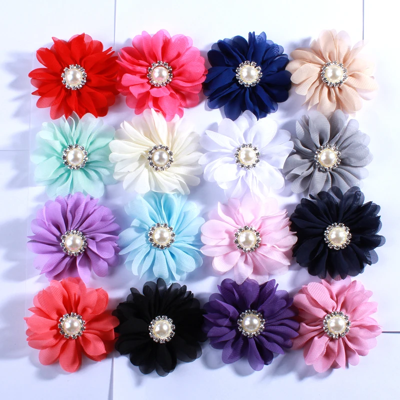 

60PCS 6.5CM Chiffon Fabric Flowers With Rhinestone Peal For Hair Accessories U Pick Color