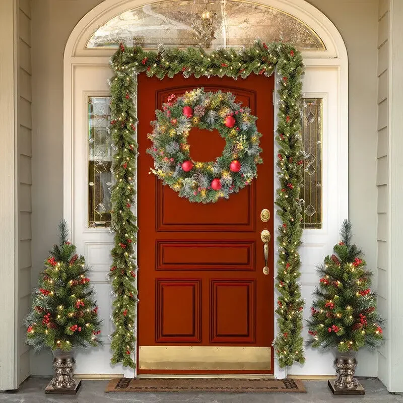 30CM Christmas Wreath With Lights Wall Hanging Decoration Xmas Door Garland Ornaments