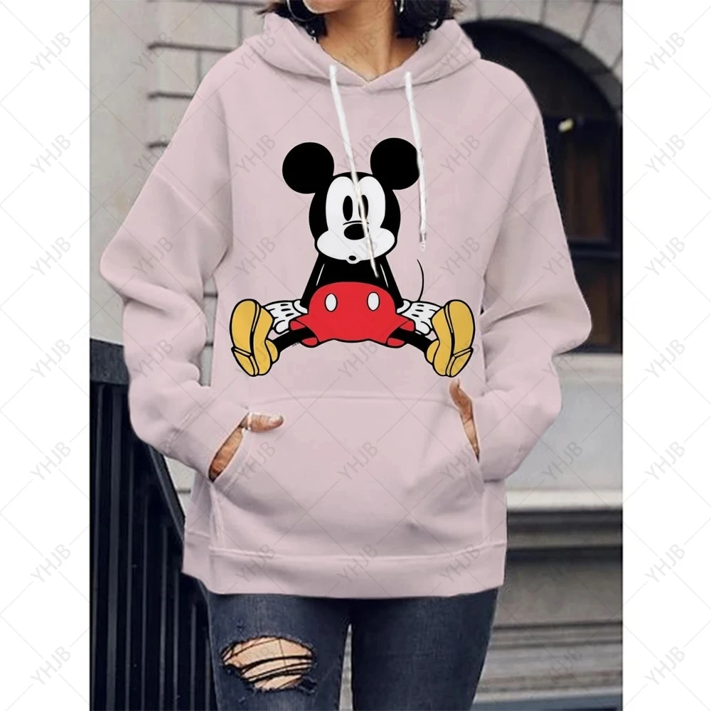 

Disney-Moletom feminino com capuz Minnie Mickey Mouse estampado manga comprida, capuz feminino, tops Harajuku casuais, roupas de