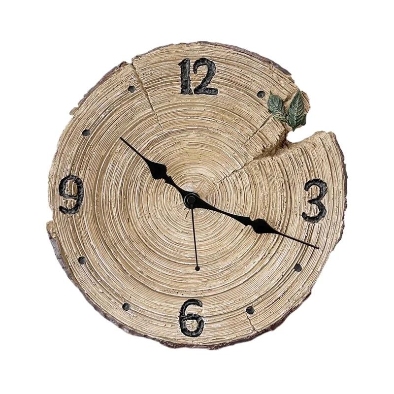 

Resin three-dimensional wall clock, silent clock in home living room, round imitation wood head quartz clock