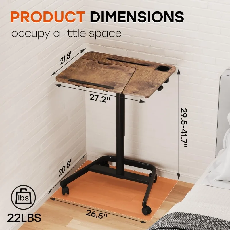 Height Adjustable Table, 60° Tiltable Rolling Laptop Desk, Portable Sit Stand Desk with Wheels Cup Holder for Bed Couch