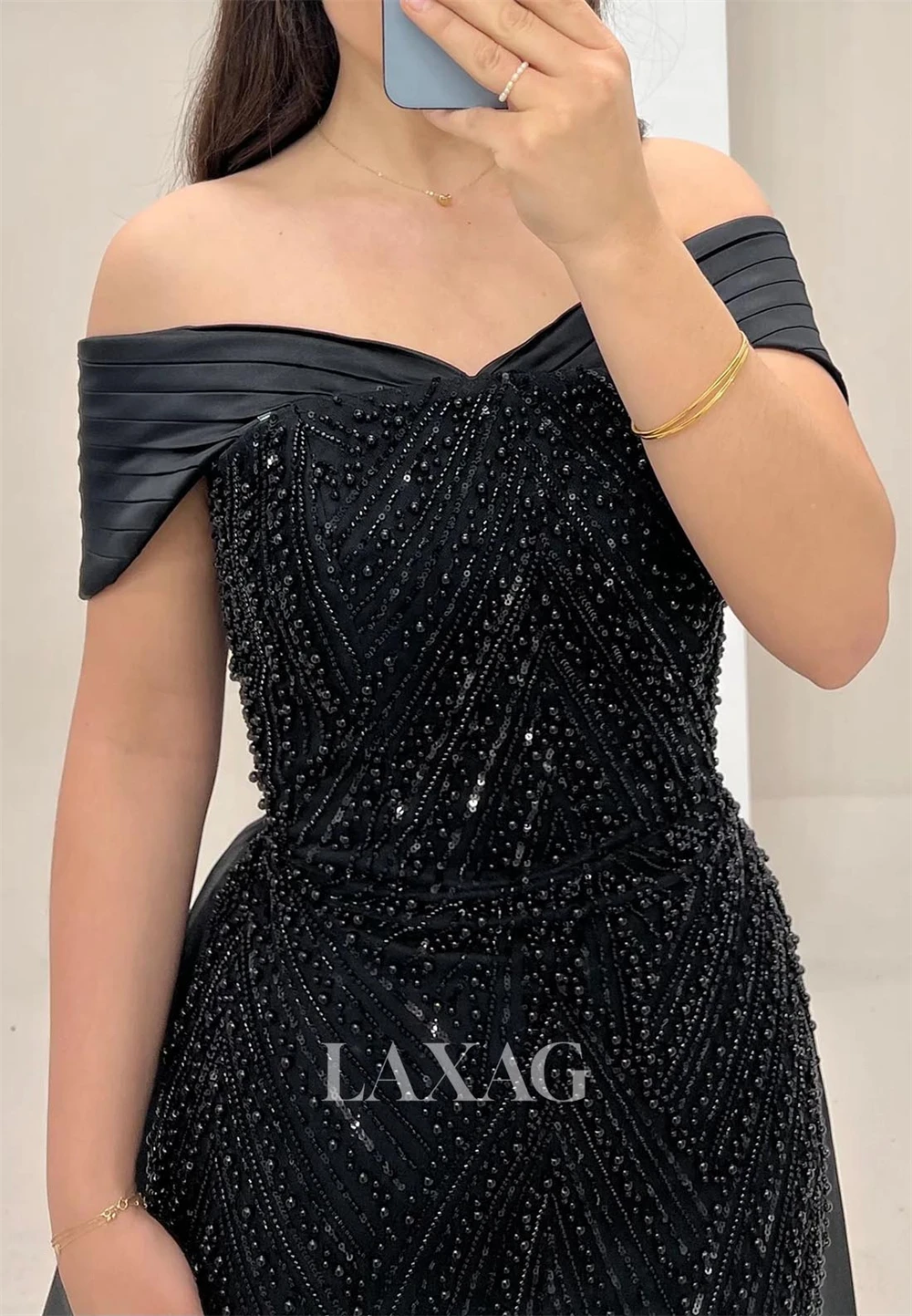 

Contessa Customized Off Shoulder Sparkly Evening Dress Beaded robes de soirée Elegant Floor Length Train Formal Evening Gowns