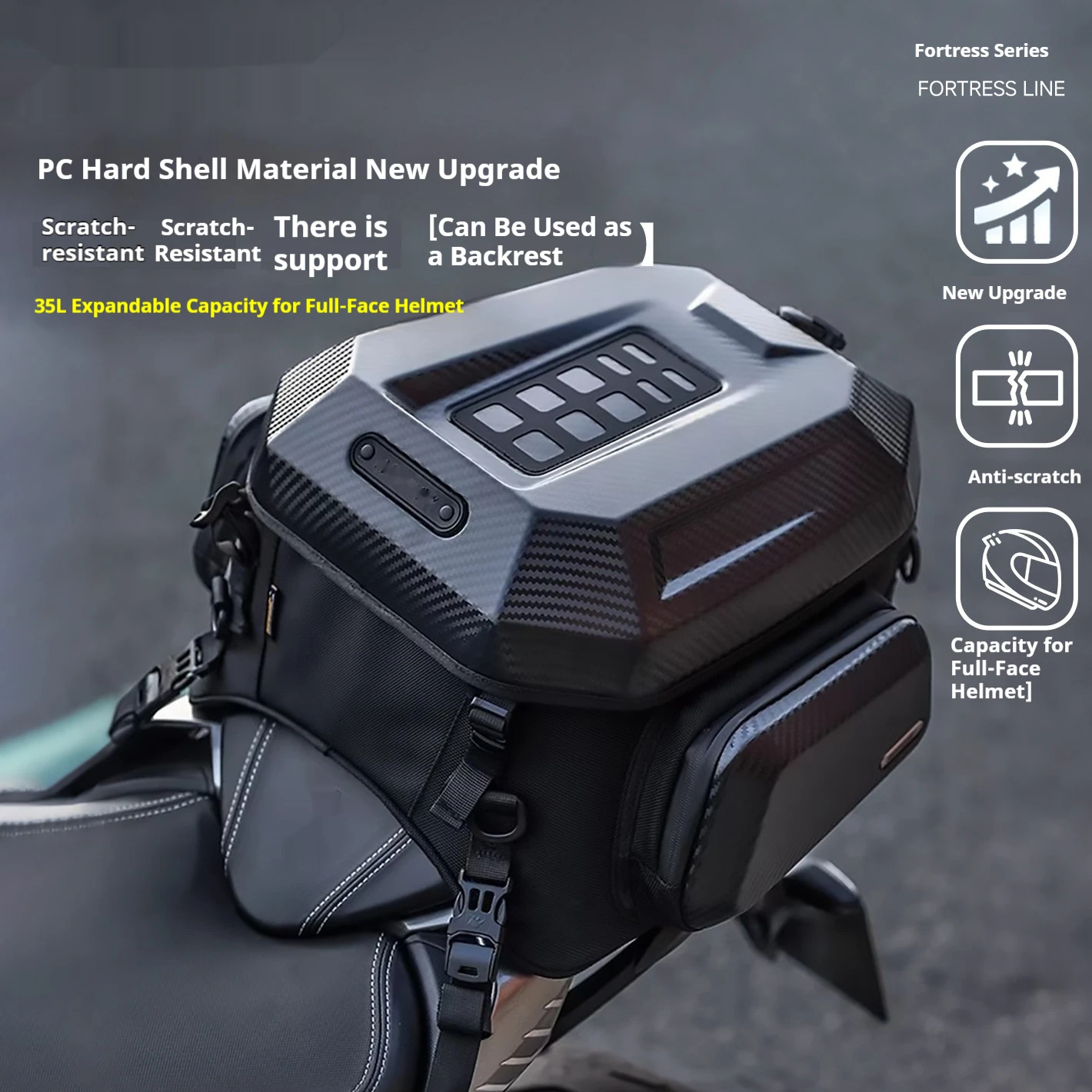 For Motorcycle 35L Hard Shell Tail Bag Helmet Backpack Waterproof Expandable No-Drill Accesorios Moto