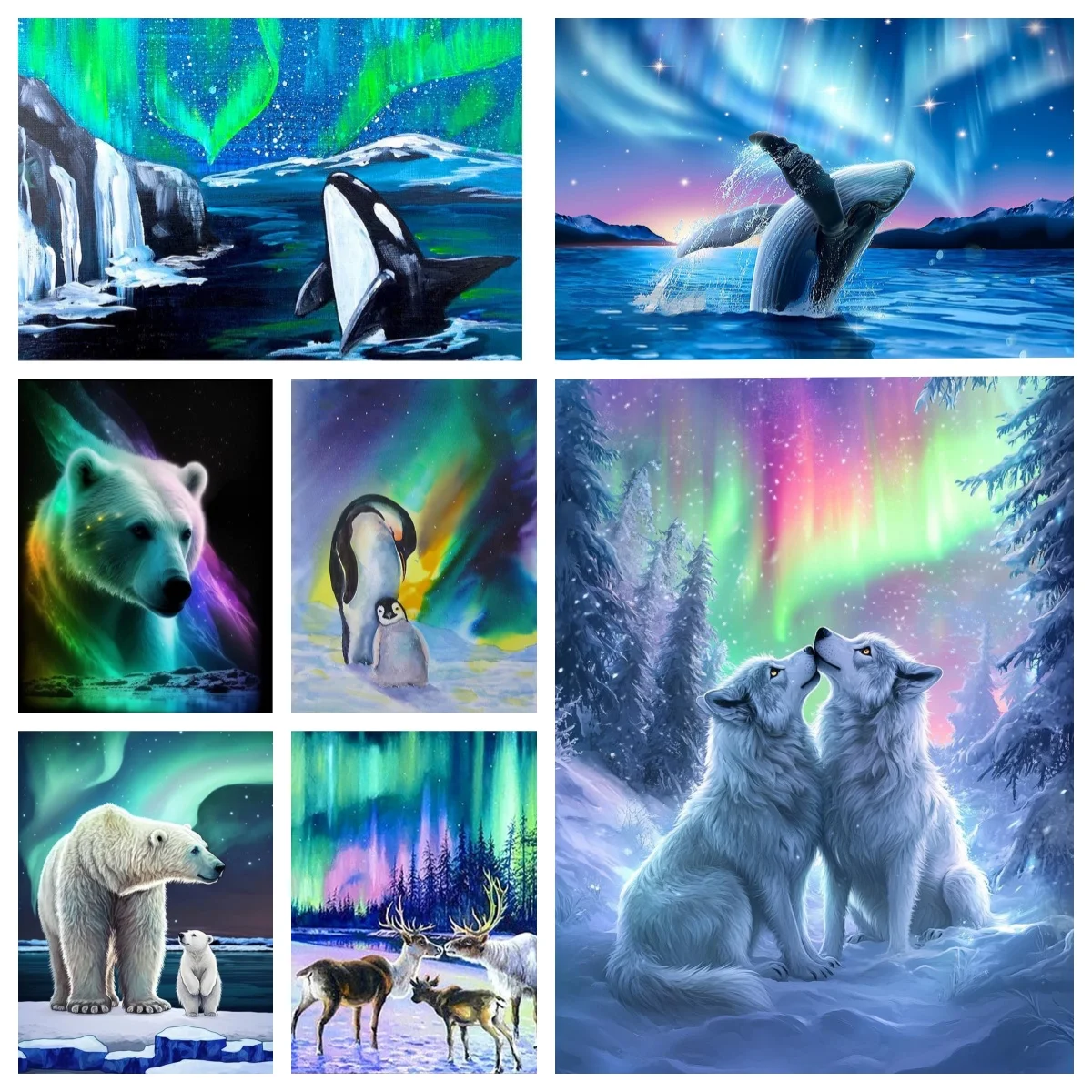 Aurora Borealis and Whale  Polar Bear Penguin 5D Diamond Painting Full Square Embroidery Nature Art Picture Kits Home Decor